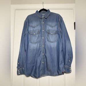 Woolrich Mens Large Denim Western Shirt Pearl Snap 100% Cotton Blue Button Up